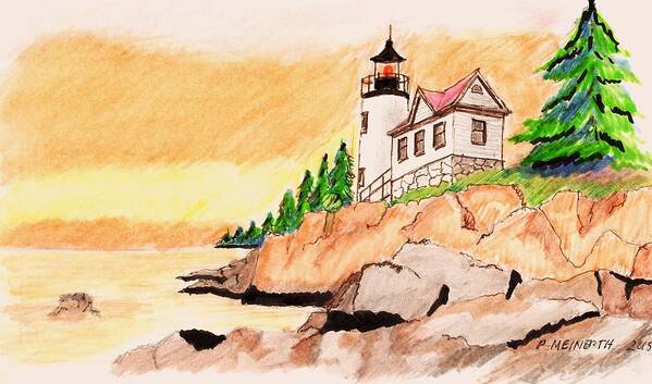 Drawings By Paul Meinerth Art Print featuring the drawing Bass Harbor Head Lighthouse by Paul Meinerth