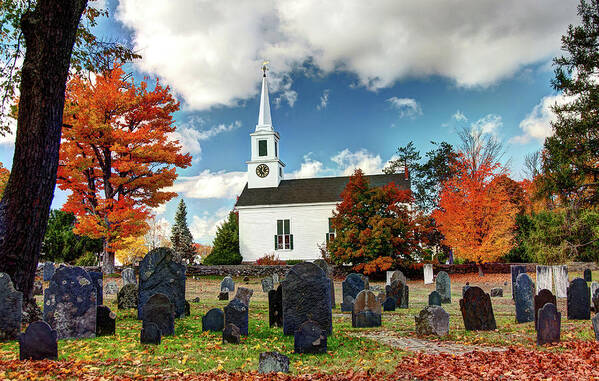 Foliage Church Cemetery Autumn Graves Gravestones Colonial Art Print featuring the photograph Chester Village Cemetery in Autumn by Wayne Marshall Chase