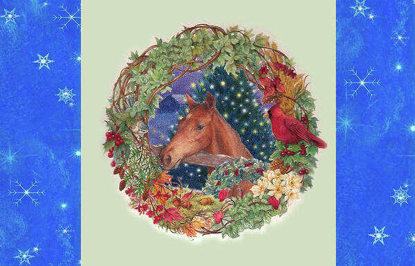 Equestrian Art Art Print featuring the painting Christmas horse and Holiday wreath by Judith Cheng