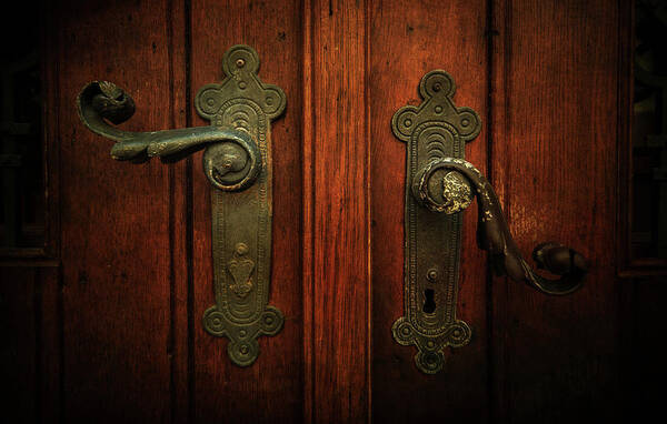 Gate Art Print featuring the photograph Closeup of two ornamented handles by Jaroslaw Blaminsky