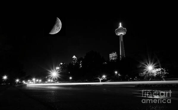 Niagara Falls Art Print featuring the photograph Crescent Moon Over Niagara Falls City Mono by Charline Xia