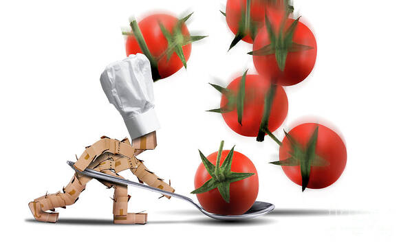 Kitchen Art Print featuring the digital art Cute chef box character catching tomatoes by Simon Bratt