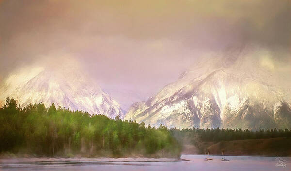 Grand Tetons Art Print featuring the photograph Fog on the Shoreline by Debra Boucher