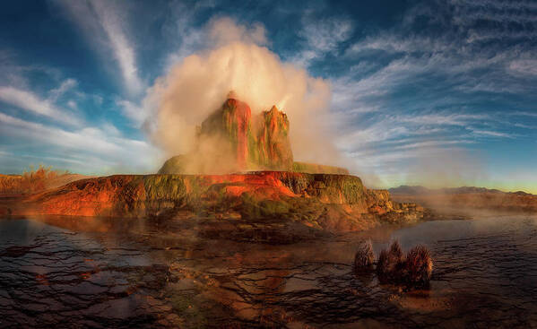 Geyser Art Print featuring the photograph Geyser Steams at Dawn by Dave Koch