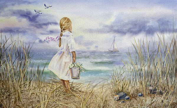 Girl Art Print featuring the painting Girl And Ocean Watercolor by Irina Sztukowski