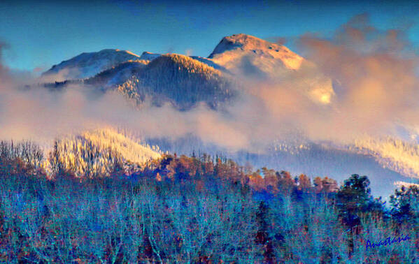 Mountains Art Print featuring the digital art January Evening Truchas Peak by Anastasia Savage Ealy