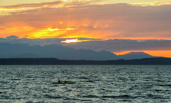 Sunset Art Print featuring the digital art Kayaking in the Puget Sound by Michael Lee