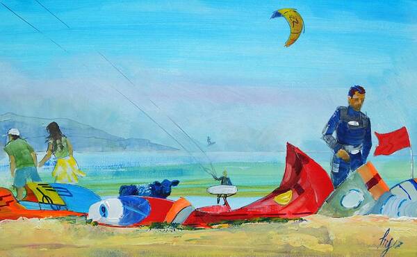 Kite Surfing Art Print featuring the mixed media Kite surfing at Exmouth by Mike Jory