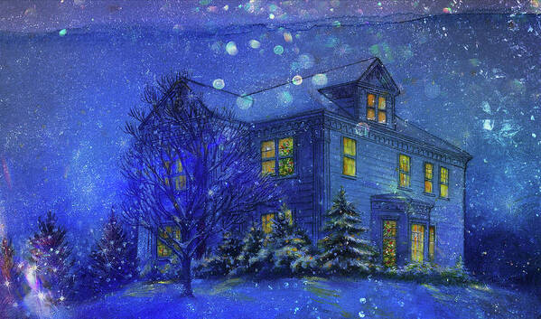 Twinkling Snowscape Art Print featuring the painting Magical Blue Nocturne Home Sweet Home by Judith Cheng