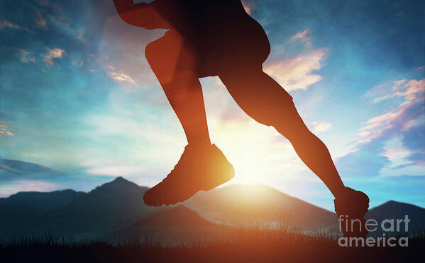 Man Art Print featuring the photograph Man running in the mountains at the sunset. by Michal Bednarek