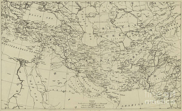 Map Art Print featuring the drawing Map of the Middle East circa 1918 by American School