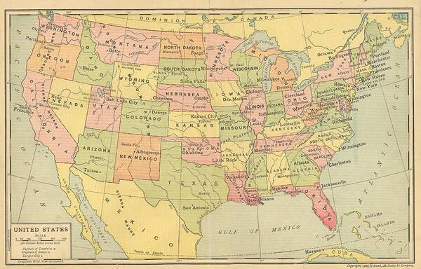 Map Art Print featuring the digital art Map USA 1909 by Digital Art Cafe
