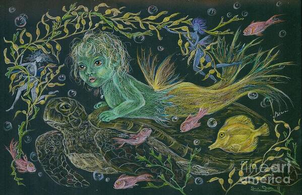 Turtle Art Print featuring the drawing Merbaby Green by Dawn Fairies