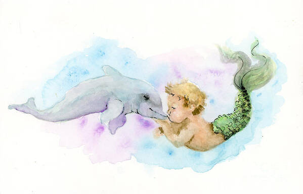 Baby Mermaid Art Print featuring the painting Merboy Kiss by Lauren Heller
