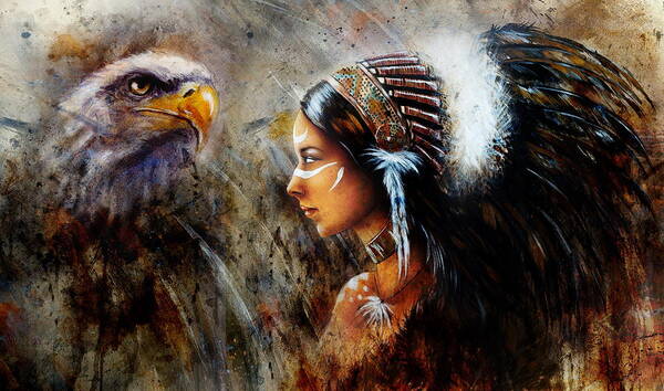 Mistic Painting Of A Young Indian Woman Wearing A Big Feather Headdress A  Profile Portrait On Struc Art Print by Jozef Klopacka Pixels