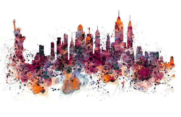 New York Art Print featuring the painting New York skyline watercolor by Marian Voicu