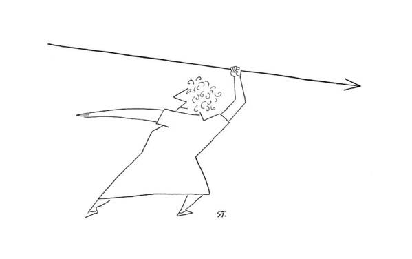 96502 Sst Saul Steinberg (stout Woman Throwing A Javelin Handle-end First.) Athletes Athletics Backward Backwards ?rst Gender Handle-end Incompetence Incompetent Javelin Sport Sports Stout Throwing Woman Art Print featuring the drawing New Yorker April 19th, 1952 by Saul Steinberg
