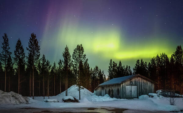 Landscape Art Print featuring the photograph Northern Lights Sapmi Shed Karasjok Norway by Adam Rainoff
