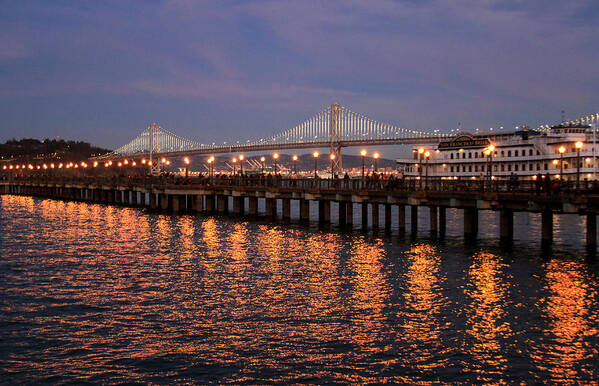 Bonnie Follett Art Print featuring the photograph Pier 7 and Bay Bridge Lights at Sunset by Bonnie Follett