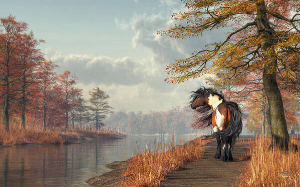 Pinto Art Print featuring the digital art Pinto Horse on a Riverside Trail by Daniel Eskridge