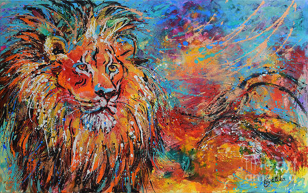 African Wildlife Art Print featuring the painting Regal Lion by Jyotika Shroff