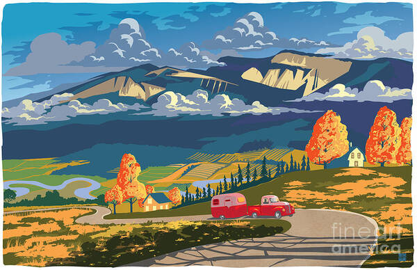 Travel Poster Art Print featuring the painting Retro Travel Autumn Landscape by Sassan Filsoof