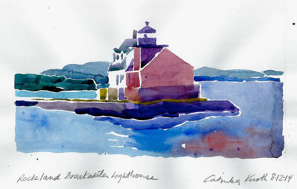 Lighthouse Art Print featuring the painting Rockland Breakwater lighthouse watercolor 2014 Maine coast by Catinka Knoth
