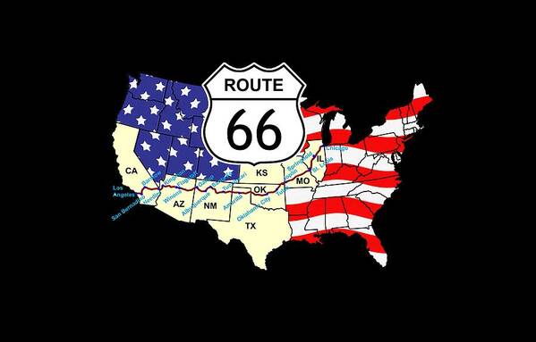 Route 66; Road; Road Trip; America; Ride; United States; West; American West; Map; Highway; Historic; Illustration; Artwork Art Print featuring the digital art Route 66 by Carol and Mike Werner