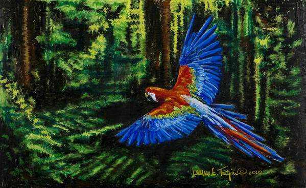 Macaw Art Print featuring the drawing Scarlet Macaw in the Forest by Laurie Tietjen