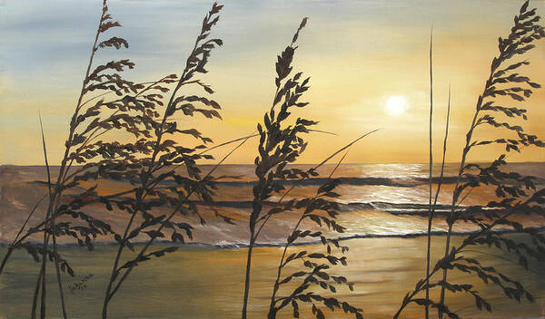 Moody Scene Art Print featuring the painting Sea Oats Silhouette At Sunset by Johanna Lerwick