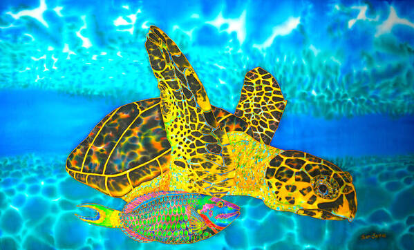Turtle Art Print featuring the painting Sea Turtle and Parrotfish by Daniel Jean-Baptiste