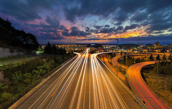 Seattle Art Print featuring the photograph Seattle Freeway Light Trails by David Gn