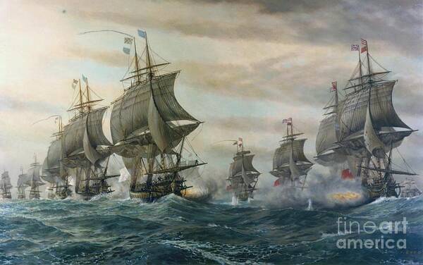 French (left) And British (right) Ships Of The Line At The Battle Of The Virginia Capes. Ship Art Print featuring the painting ships of the line at the Battle of the Virginia by MotionAge Designs