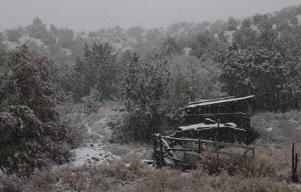 Snow Art Print featuring the photograph Snow in the Old Santa Fe Corral by Christopher J Kirby