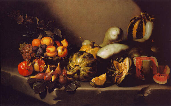 Still Life With Fruit On A Stone Ledge (c. 1601-05). Caravaggio Art Print featuring the painting Still Life with Fruit on a Stone Ledge by MotionAge Designs