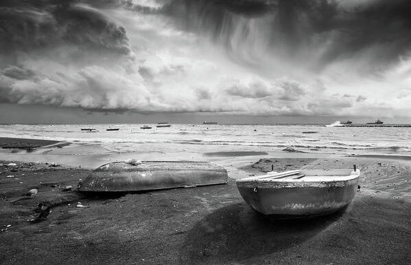 Michalakis Ppalis Art Print featuring the photograph Stormy sky sea and Boats by Michalakis Ppalis