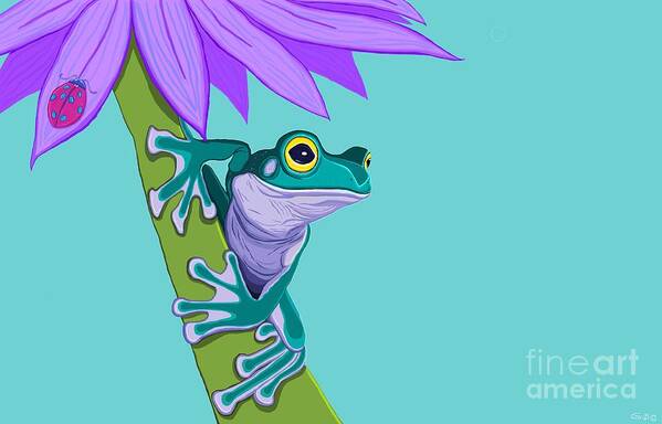 Frogs Art Print featuring the painting Teal Frog and Purple Flower by Nick Gustafson
