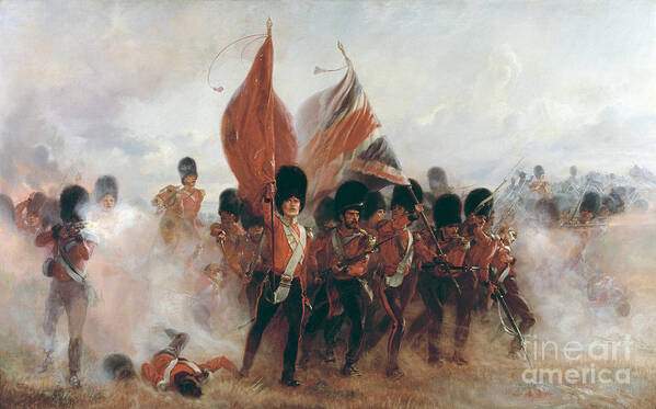 The Colours: Advance Of The Scots Guards At The Alma Art Print featuring the painting The Colours by Elizabeth Southerden Thompson