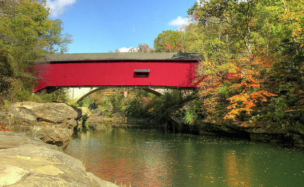 Covered Bridge Art Print featuring the photograph The Narrows Covered Bridge - Sideview by Harold Rau