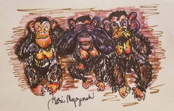 Three Wise Monkeys Art Print featuring the painting Three Wise Monkeys by Geraldine Myszenski