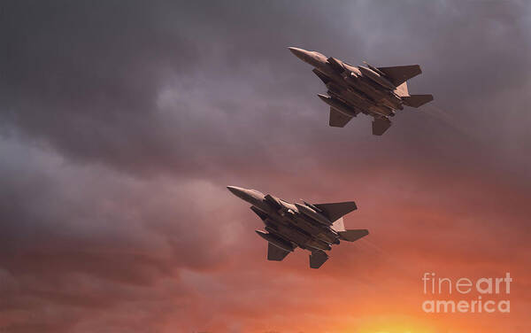 Usaf Art Print featuring the photograph Two low flying F-15E Strike Eagles at sunset by Simon Bratt