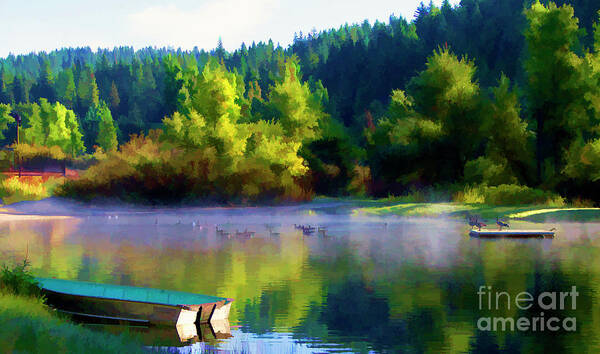 Landscape Art Print featuring the photograph Vibrant Color Pond Boat Geese by Chuck Kuhn
