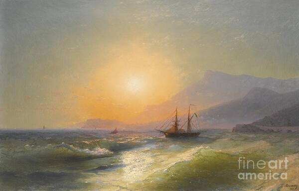 Ivan Konstantinovich Aivazovsky 1817-1900 View From Cap Martin With Monaco In The Distance. Sun Lighting Art Print featuring the painting View From Cap Martin With Monaco In The Distance by MotionAge Designs