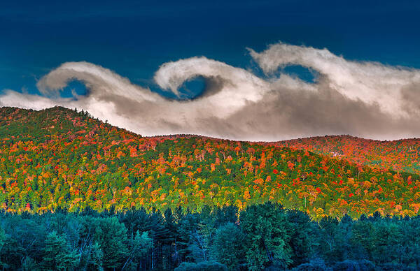 303 Vincent's Sky Van Gogh Adirondack Adirondacks Fall Color Cloud Clouds Wave Waves Blue White Grey Gray Green Blue Orange Red Yellow Landscape Mountain Mountains Trees Billow Billowing Outdoors Day Daytime Morning Sunny Color Horizontal Wide Colorful Unusual Rare Vivid Country Steve Steven Maxx Photography Photo Photographs Art Print featuring the photograph Vincent's Sky by Steven Maxx