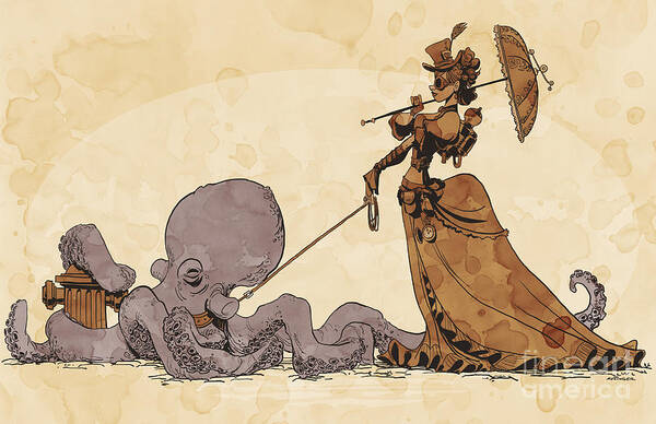 Steampunk Pets Octopus Art Print featuring the digital art Walkies for Otto by Brian Kesinger