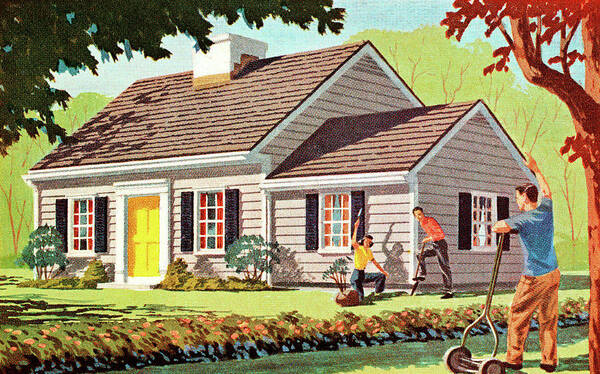 Architecture Art Print featuring the drawing Neighbors Doing Lawn Work #1 by CSA Images