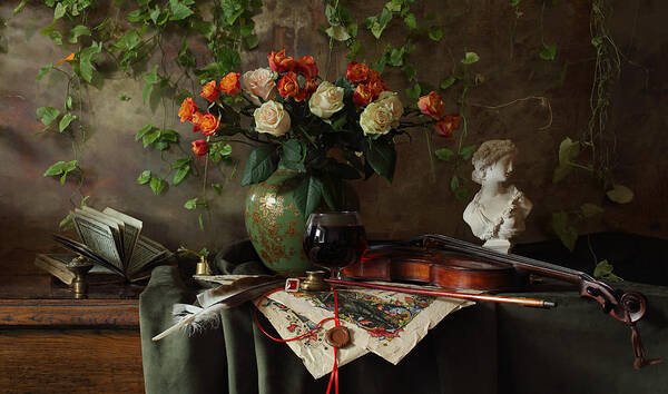 Flowers Art Print featuring the photograph Still Life With Violin And Flowers #1 by Andrey Morozov