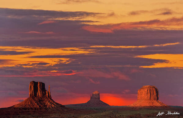 Arid Climate Art Print featuring the photograph The Mittens and Merrick Butte at Sunset by Jeff Goulden