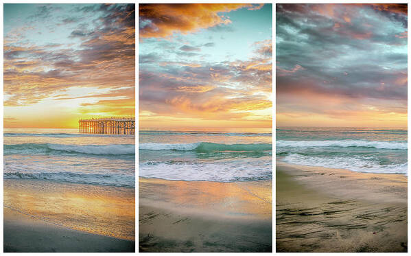 A Mission Beach Sunset Triptych Art Print featuring the photograph A Mission Beach Sunset Triptych by Joseph S Giacalone