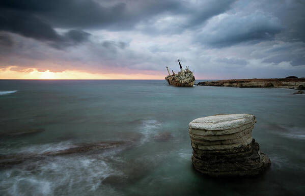 Seascape; Coastline; Sunset; Sundown Art Print featuring the photograph Abandoned Ship EDRO III Cyprus by Michalakis Ppalis
